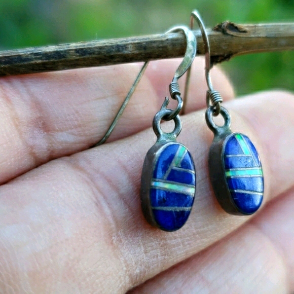 Vtg Genuine Lapis Opal Mosaic Silver Drop Earrings - Picture 2 of 16